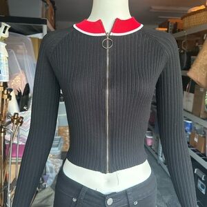 QED London Black Ribbed Crop Top with Red Collar